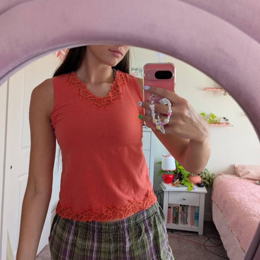 Feminine Red Orange Lace Trim Tank Top Size XS